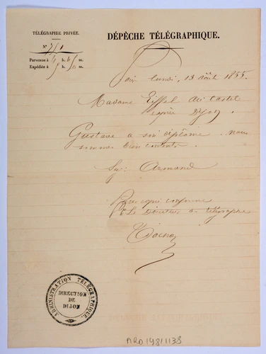 Gustave Eiffel - 1855. Télégramme adressé à Mme Eiffel par Armand annonçant que ...