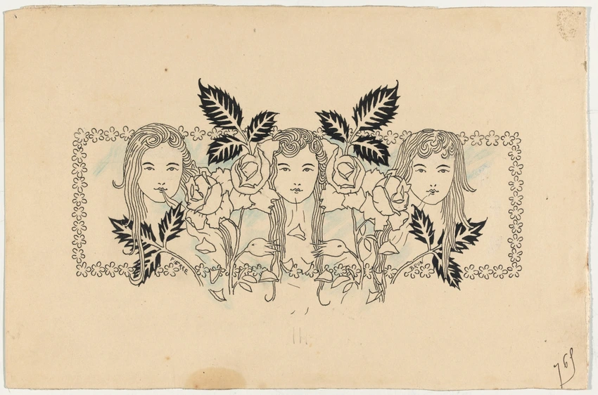 En-tête ou cul-de-lampe de forme rectangulaire, décoré de trois têtes de jeunes filles, de roses, de feuillages, entouré d'une frise de fleurs - Pierre Brun