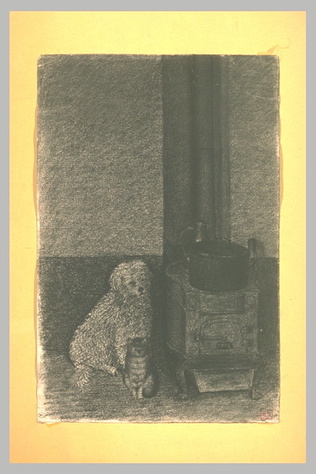 Léon Bonvin - Un caniche blanc et un chat près d'un poêle