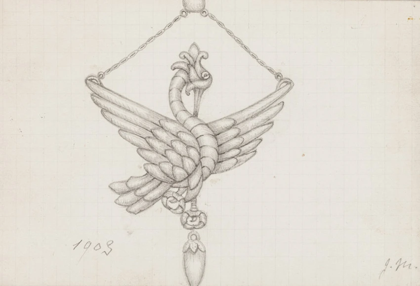 Pendentif en forme d'oiseau, de profil, ailes ouvertes, goutte en chute, chaîne - Jeanne de Montigny