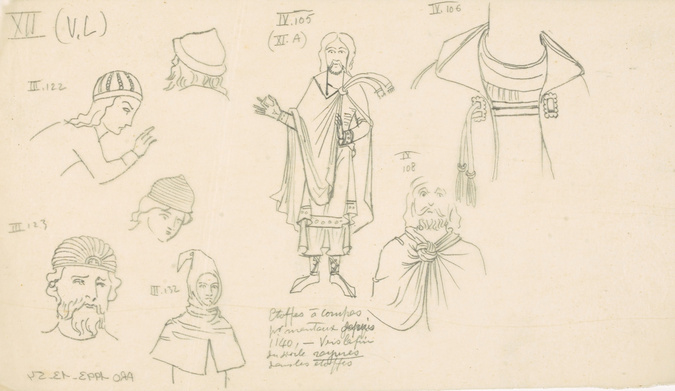 Eugène Grasset - Etudes de costumes XIIe siècle : coiffe, manteau