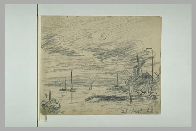 Johan Barthold Jongkind - Au bord d'une rivière ou de la mer, à droite, moulin à...