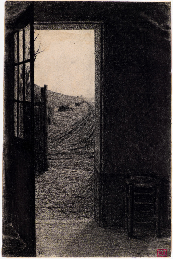 Léon Bonvin - Une chambre avec la porte ouvrant sur une cour et un chemin