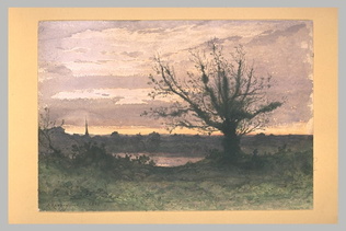 Henri Harpignies - Chasseur sous un grand arbre au bord d'un étang, au crépuscul...