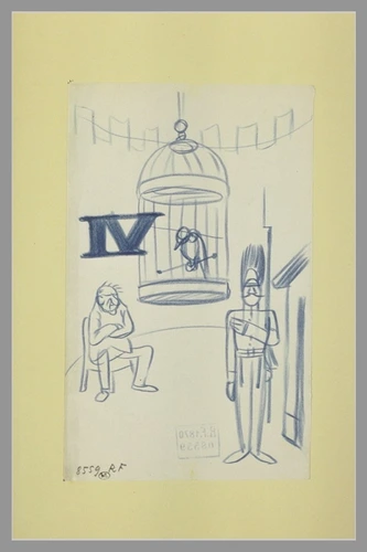 Caran d'Ache - Oiseau dans une cage, sentinelle et homme assis ; le chiffre IV