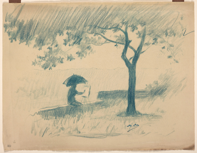 Alphonse Osbert - Personnage s'abritant sous un parapluie, assis sur un muret et...
