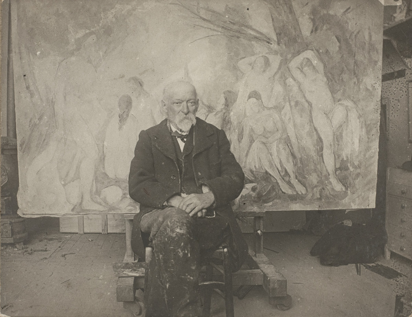 Emile Bernard - Paul Cézanne assis dans son atelier des Lauves, devant "Les Gran...