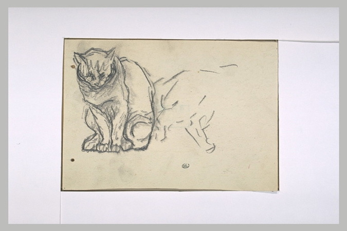 Théophile Alexandre Steinlen - Chat assis, de face, et croquis inachevé d'un aut...