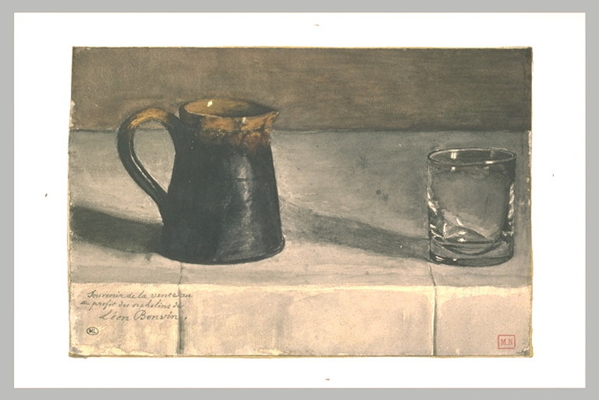 Léon Bonvin - Nature morte : pichet en terre cuite et verre sur une table