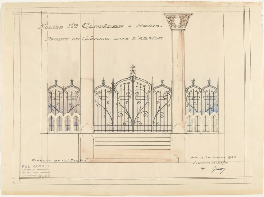 Projets d'aménagements intérieurs de la Basilique Sainte-Clotilde de Reims, clôture dans l'abside, élévation - Pol Gosset