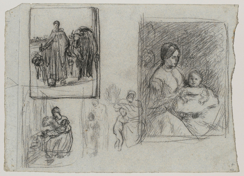 Jean-François Millet - Etudes pour la Bouillie de l'enfant ; bergère et troupeau