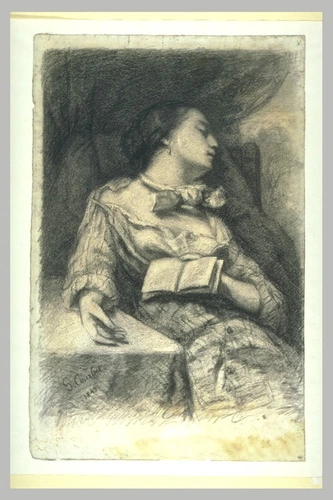Gustave Courbet - Femme assise, endormie, tenant un livre, la main droite sur un...