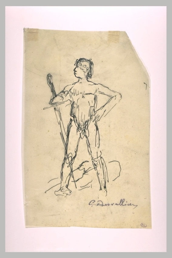 George Desvallières - Jeune garçon nu, debout, appuyé sur une grande épée