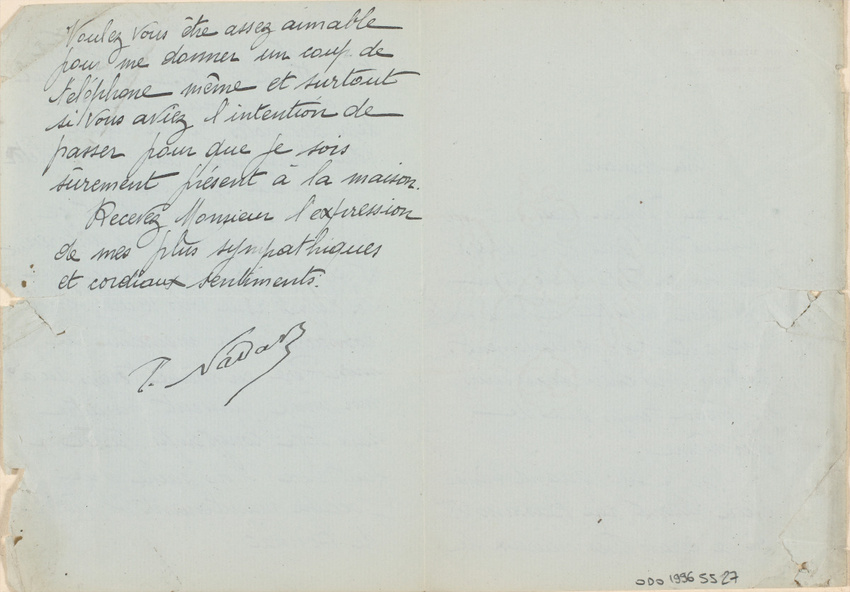 Paul Nadar - Lettre manuscrite signée de Paul Nadar