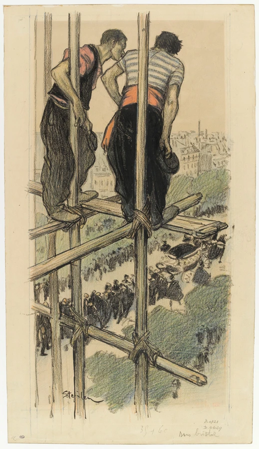 dessin en feuille, Théophile Alexandre Steinlen, Deux ouvriers regardant un enterrement du haut d'un échafaudage