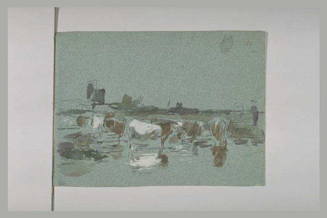 Tableau Ancien – Vaches à L’étang – Signé A. Rolland, Daté 1854 – XIXe Siècle