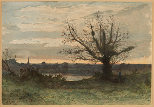 Henri Harpignies - Chasseur sous un grand arbre au bord d'un étang, au crépuscul...