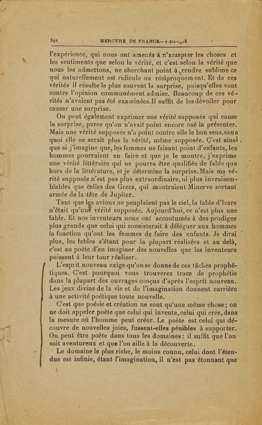 Guillaume Apollinaire - Mercure de France - I-XII-1918. p. 385 à 396, L'Esprit n...