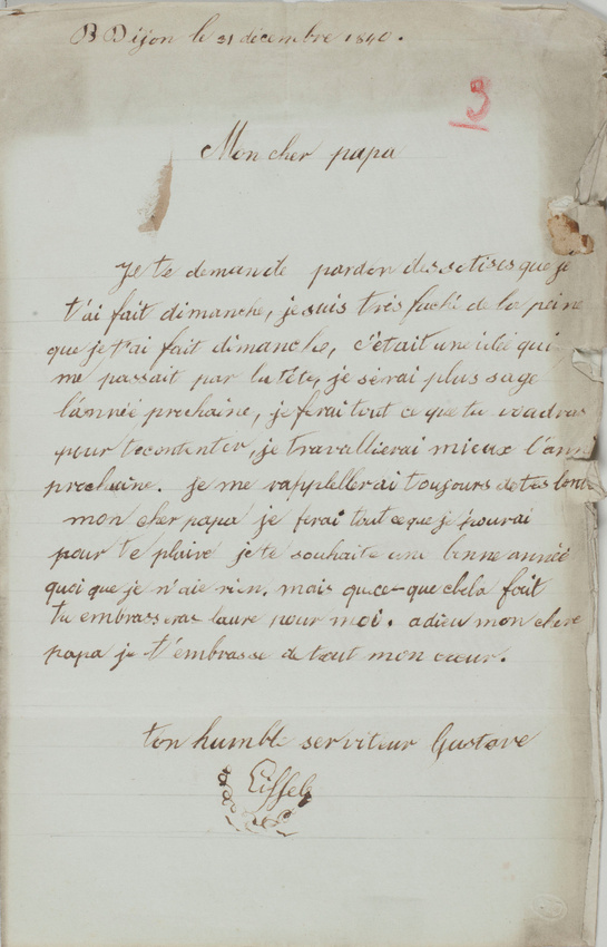 Gustave Eiffel - 1840. 2 lettres de Gustave Eiffel à son père et à sa mère. Dema...