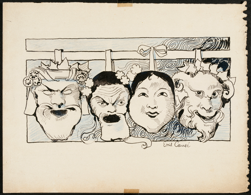 Frise décorative de masques de théâtre dont un japonais - Emile Causé