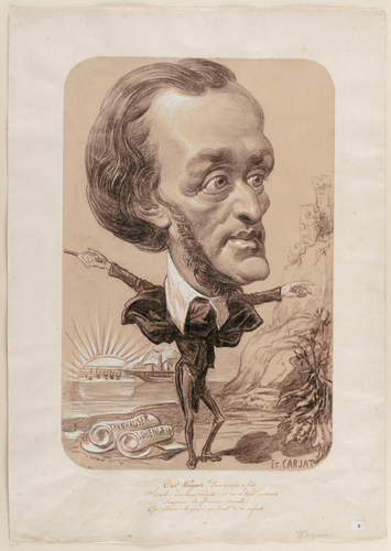 Etienne Carjat - Portrait-charge de Wagner, avec une tête colossale sur un corps...