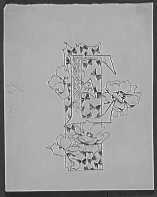 Lettre ornée E, décor de fleurs et de papillons - Emile Causé