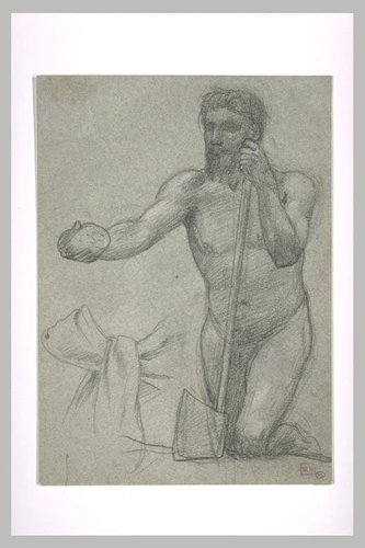 Pierre Puvis de Chavannes - Homme nu agenouillé, vu de trois quart à gauche, app...
