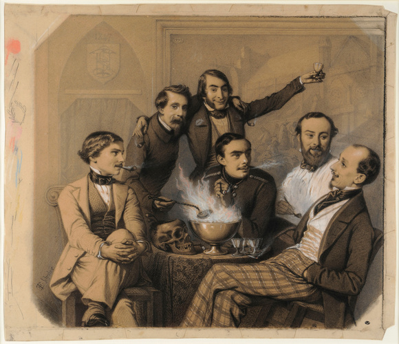 Théophile Schuler - Six hommes réunis autour d'une table, portant une tête de mo...