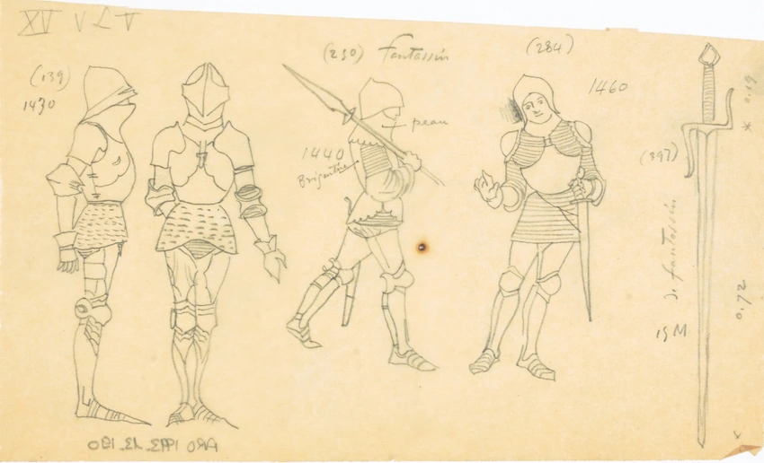 Eugène Grasset - Quatre études d'armures, de fantassins, une épée