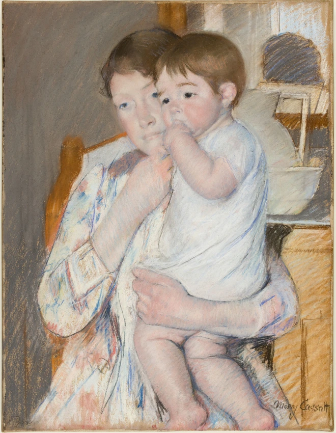 Mary Cassatt - Femme et enfant devant une tablette où sont posés un broc et une ...