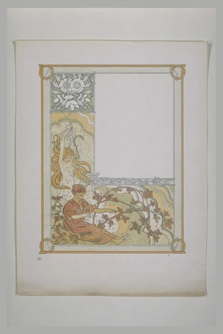 Figure féminine aux yeux bandés par une couronne de roses, assise - Alphonse Mucha