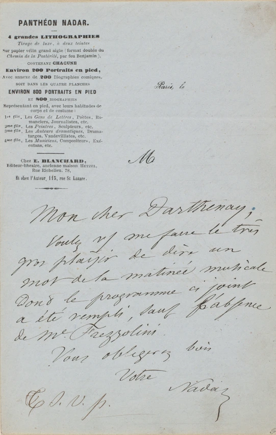 Lettre de Félix Nadar sur papier à l'en-tête du Panthéon Nadar, adressée à M. Darthenay, accompagnée du programme d'une matinée musicale - Nadar