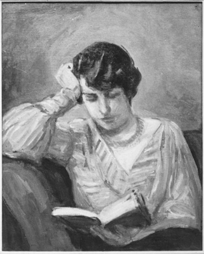 Albert André - Jacqueline lisant, corsage rayé rouge