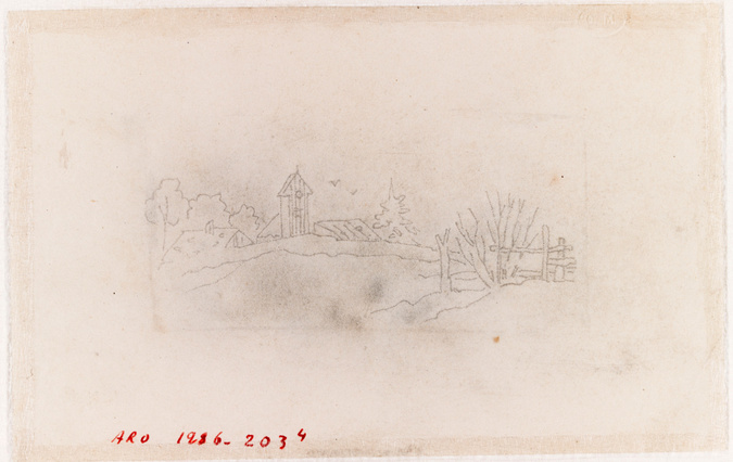 Emile Gallé - Poncif : paysage rural avec maisonnettes et clocher