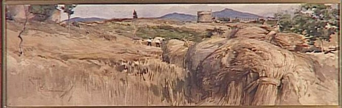 Onorato Carlandi - Eté : la moisson sur la via Appia, paysage panoramique