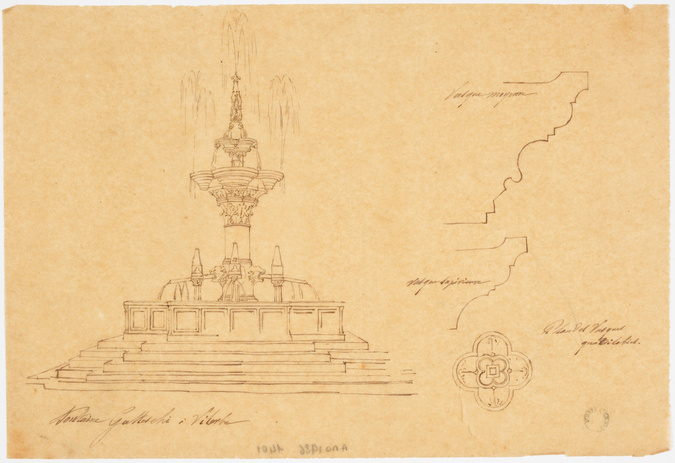 Alphonse Gosset - Fontaine Galletchi à Viterbe, vue perspective, plan, et profil...