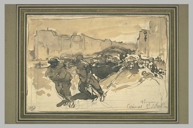 Auguste Lepère - Hâleurs tirant une péniche sur le canal Saint-Martin, à Paris