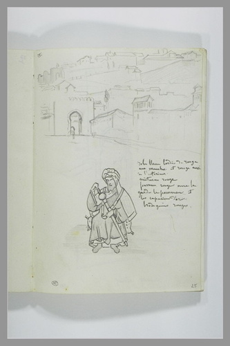 Alfred Dehodencq - Vue d'une ville avec une porte monumentale ; figure de soldat...