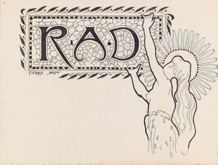 Projet de monogramme pour la Revue des Arts Décoratifs (RAD), femme de profil au buste dénudé soutenant une enseigne - Pierre Brun