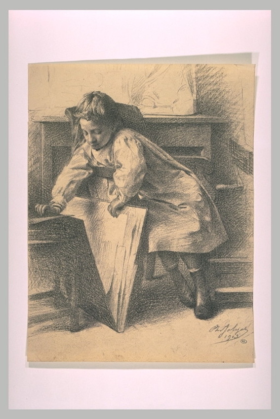 Philippe Jolyet - Petite fille, assise, ouvrant un carton d'estampes
