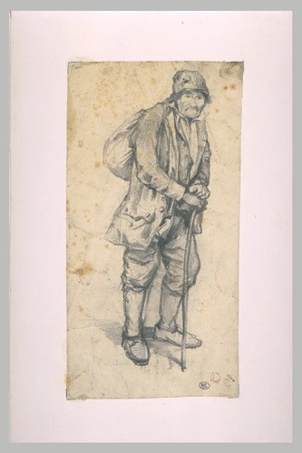Charles-François Daubigny - Mendiant, debout, coiffé d'une casquette, un bâton à...