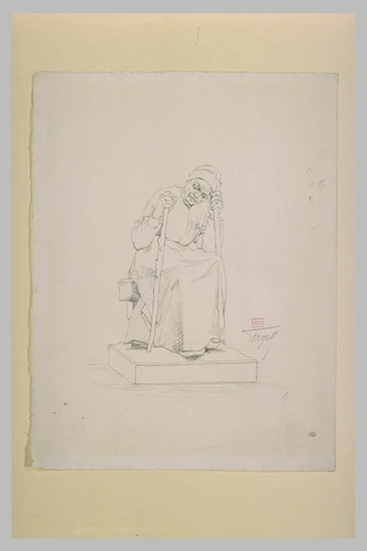 Léon Fagel - Projet de statue : vieille paysanne assise, s'appuyant sur des bâto...