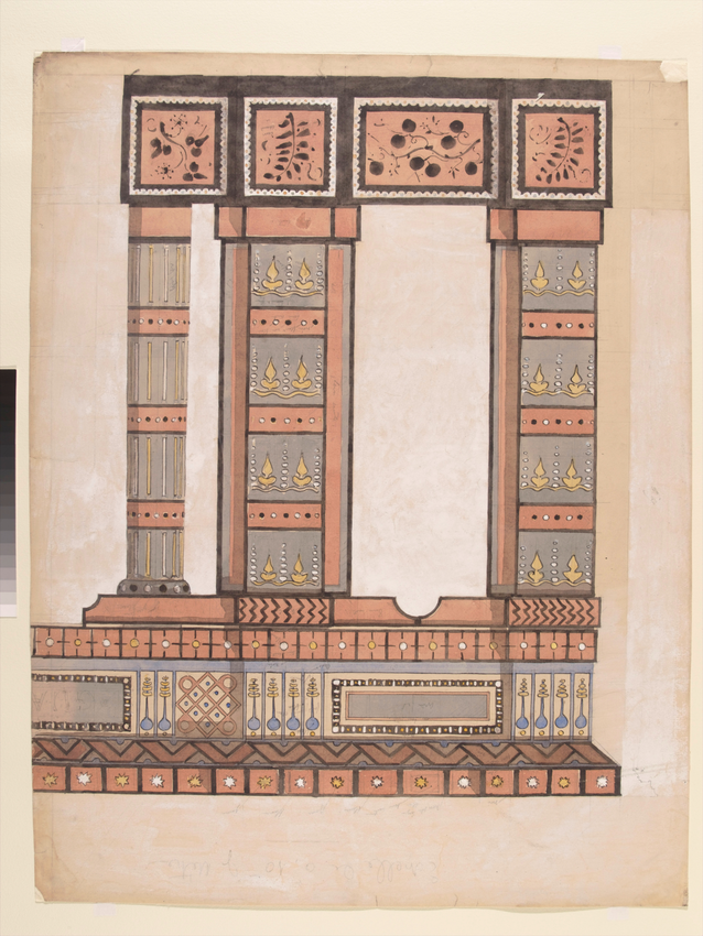 Exposition universelle de 1878 : décor dans le style aztèque pour les stands d'Amérique centrale et méridionale ; profil de deux piliers et d'une colonne surmontés d'une architrave - Alfred Vaudoyer