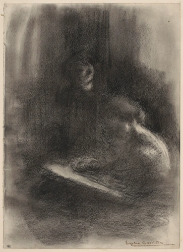 Eugène Carrière - Femme de trois quarts à gauche, en train de dessiner ou décrir...