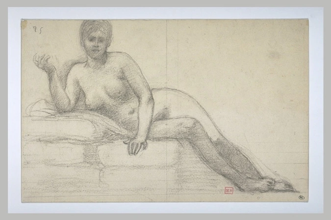 Pierre Puvis de Chavannes - Femme nue, allongée sur des coussins, le torse de fa...