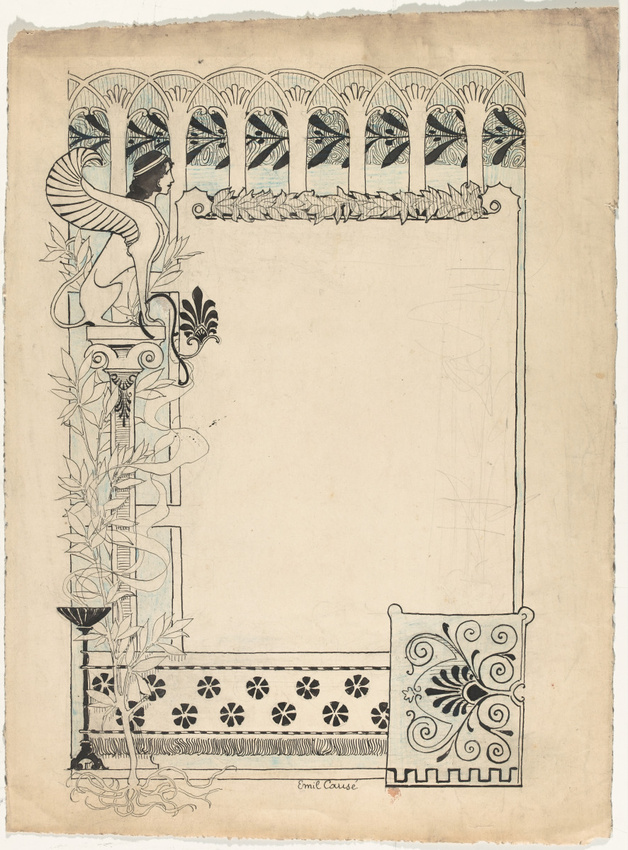 Emile Causé - Encadrement de page à décors végétaux stylisés, sphinge assise sur...