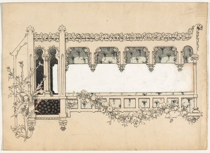 Emile Causé - Décor architecturé, petite loggia, décor de chardons, branches de ...