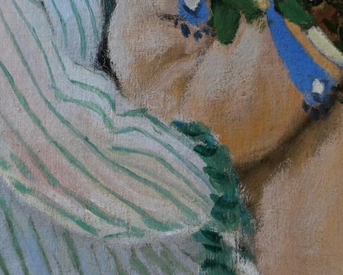 Femmes au jardin de Claude Monet : Détail des couleurs après restauration sur les manches des deux femmes à gauche