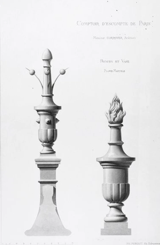 Deux modèles de poinçon et vase en plomb martelé, comptoir d'escompte de Paris - Maison Monduit