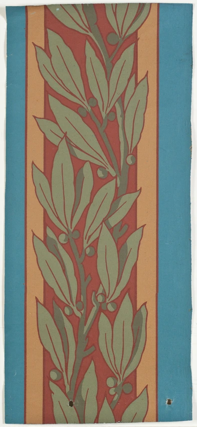Frise de laurier vert sur fond rayé tricolore rouge, beige et bleu - Anonyme